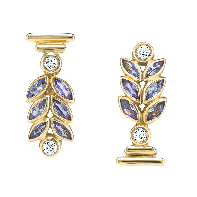 Bay Leaf Earrings with Diamonds and Tanzanites