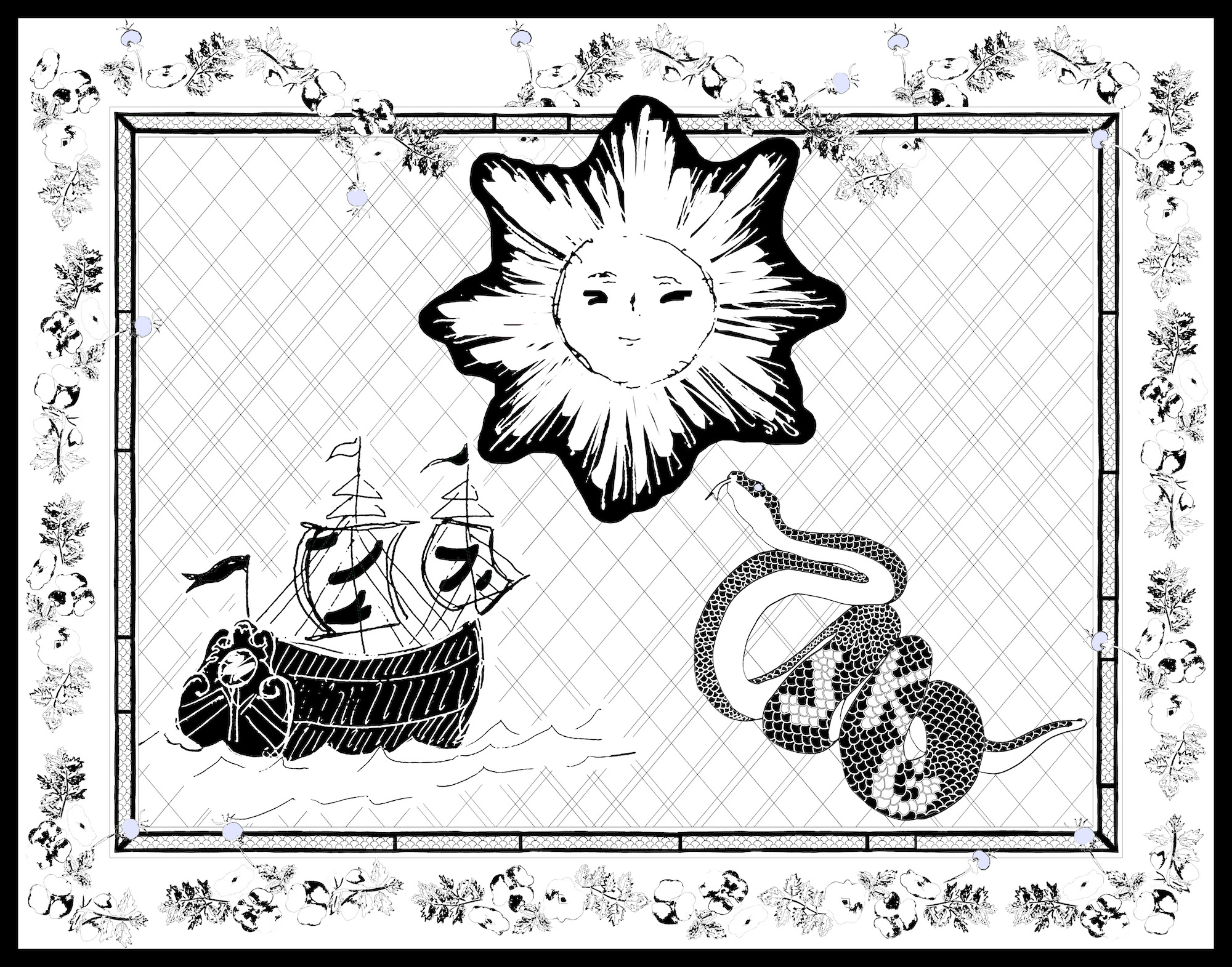 Black and white illustrated pareo with a ship, sun, and snake.