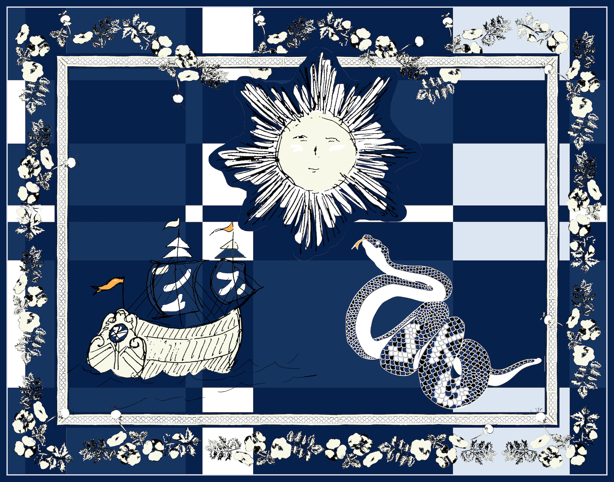 Navy, black, cream, and white color blocked pareo with a sun, ship, and snake.