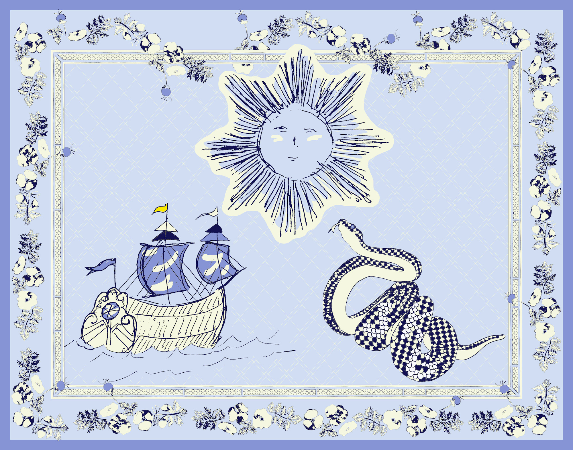 Ship, sun, and snake illustration atop a pale lavender violet field.