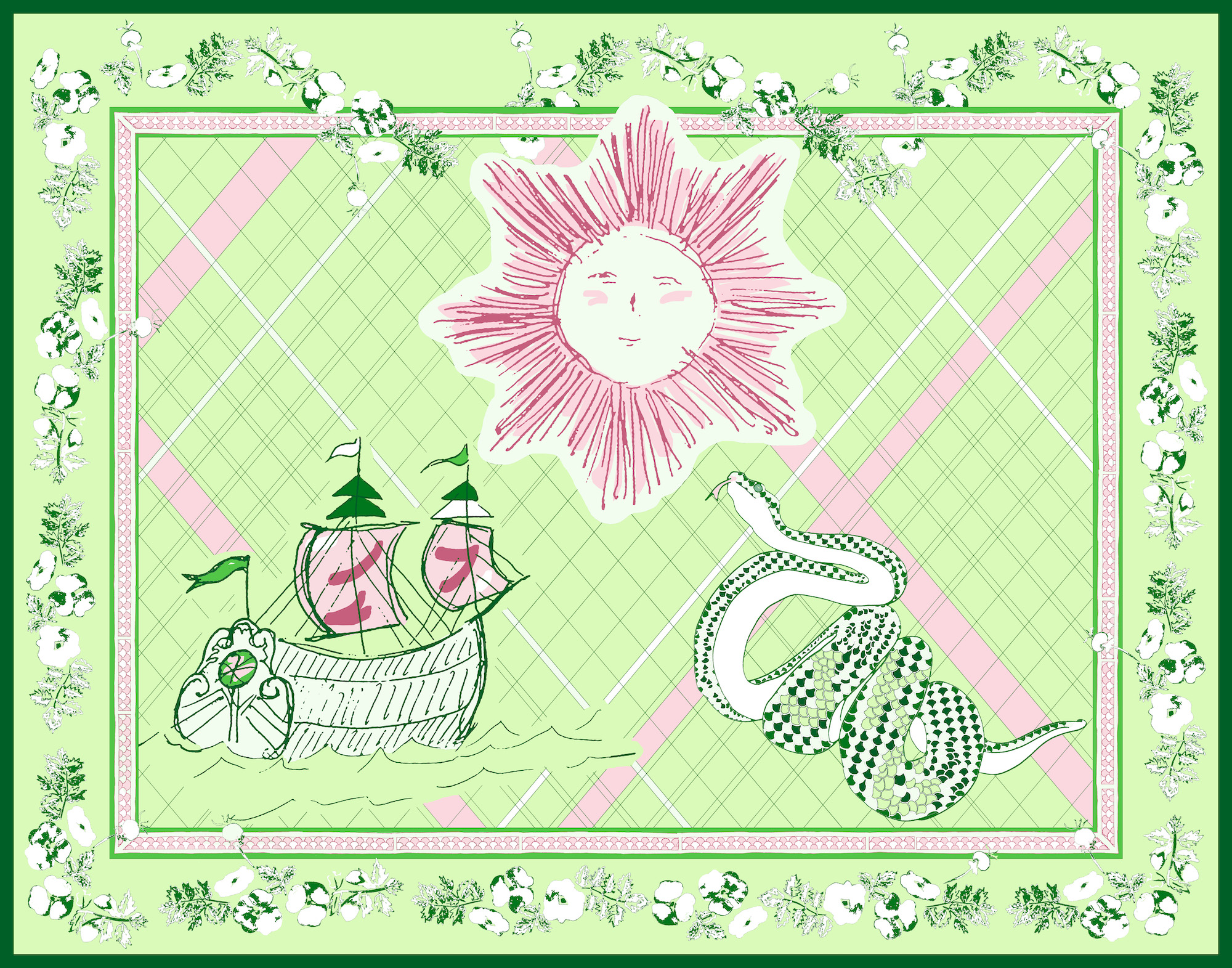 Pistacchio design of a pareo with a ship, sun, and snake.